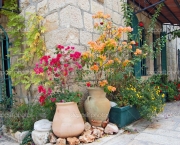 Flowerbed on medieval stone paved street of ancient Jerusalem